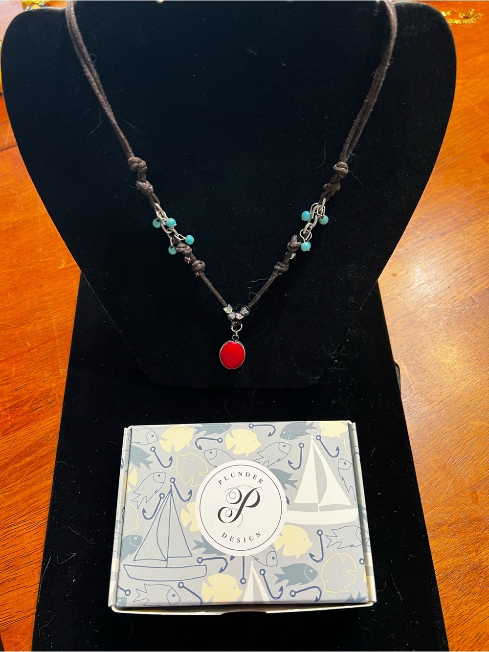 Plunder Brown Cord Necklace with Red Disc and Turquoise Beads